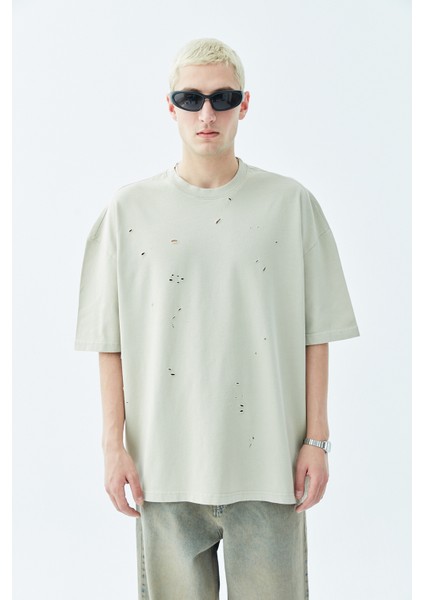 Dıstressed Oversıze T-Shırt-Haki