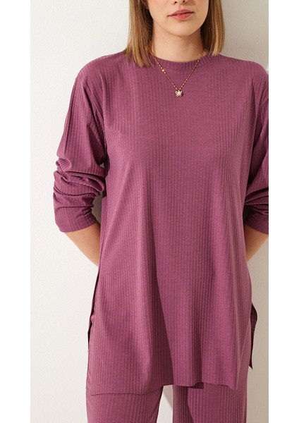 Iç Göstermez Oversize Fitilli Kaşkorse Alt Üst Triko Takım Pembe