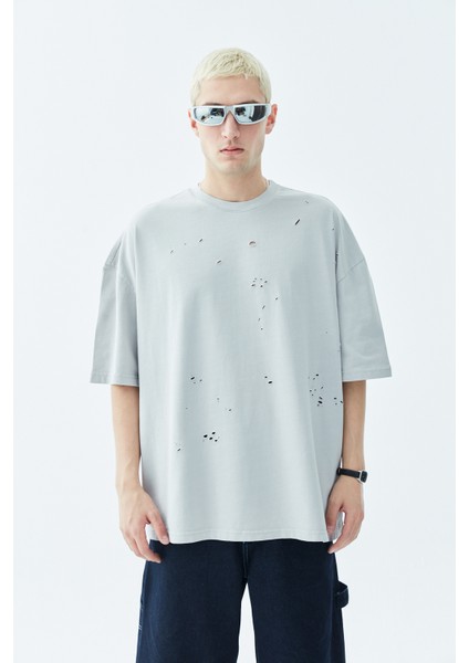 Dıstressed Oversıze T-Shırt-Gri