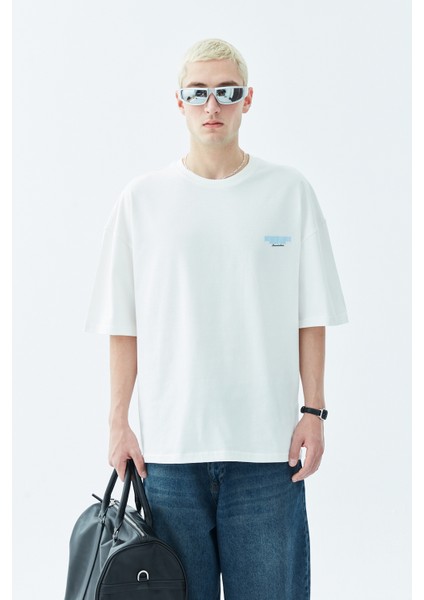 Arka Baskılı Oversıze T-Shırt-Ekru