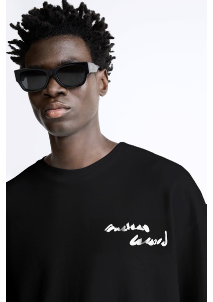 Bisiklet Yaka Bay Light Son Light Baskılı Siyah Oversize Erkek T-Shirt