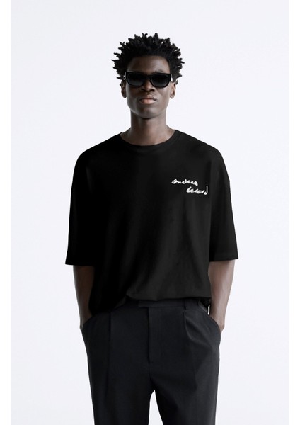 Bisiklet Yaka Bay Light Son Light Baskılı Siyah Oversize Erkek T-Shirt modelleri