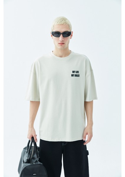My Lıfe Baskılı Oversıze T-Shırt - Buz Gri