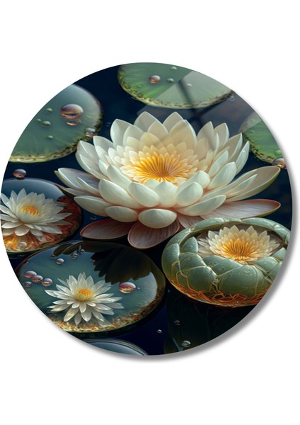 Yuvarlak Temperli Gerçek Cam Tablo Yeşil Krem Lotus Çiçeği