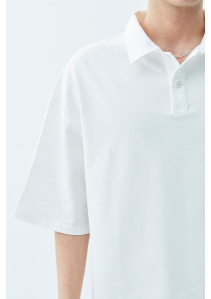 Polo Yaka Basıc Oversıze T-Shırt-Ekru modelleri