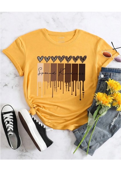 Büyük Beden Leopar Kalpler Baskılı Pamuk Oversize Şık Kadın Tshirt