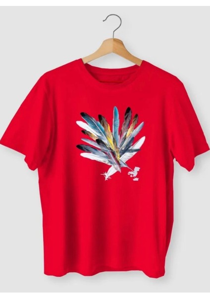 Büyük Beden Renkli Şans Tüyü Baskılı Pamuk Oversize Kadın Tshirt