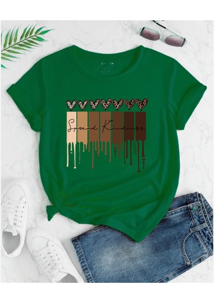 Büyük Beden Leopar Kalpler Baskılı Pamuk Oversize Şık Kadın Tshirt