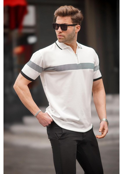 Beyaz Fermuar Detaylı Polo Yaka Erkek Tişört 6879