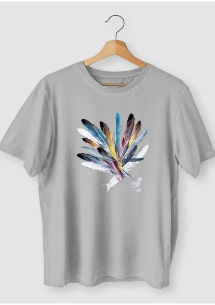 Büyük Beden Renkli Şans Tüyü Baskılı Pamuk Oversize Kadın Tshirt