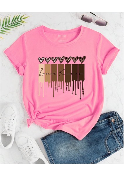 Büyük Beden Leopar Kalpler Baskılı Pamuk Oversize Şık Kadın Tshirt