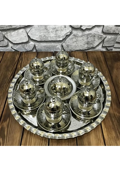 Bakır El Dövmesi 6 Kişilik Kahve Seti