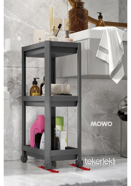 Mowo Home 3 Katlı Tekerlekli Düzenleyici Raf Gri, Banyo Dolabı, Mutfak Rafı, Düzenleyici, Organizer Raf