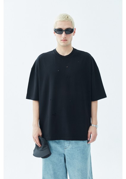 Dıstressed Oversıze T-Shırt-Siyah