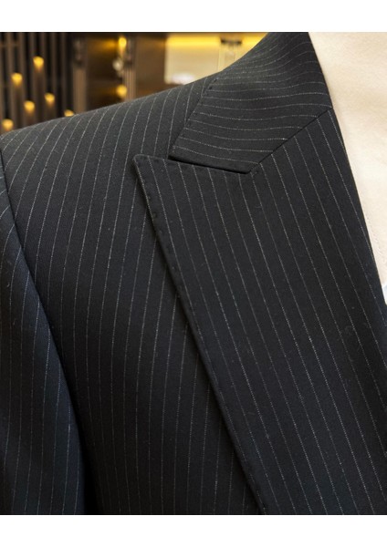 Italyan Stil Slim Fit Çizgili Ceket Yelek Pantolon Takım Elbise Siyah T11815