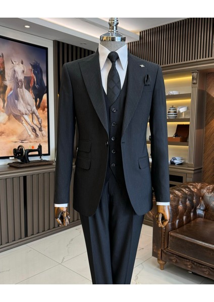 Italyan Stil Slim Fit Çizgili Ceket Yelek Pantolon Takım Elbise Siyah T11815