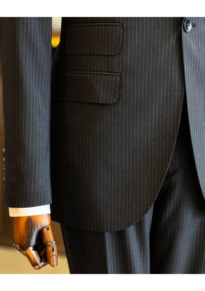 Italyan Stil Slim Fit Çizgili Ceket Yelek Pantolon Takım Elbise Siyah T11815