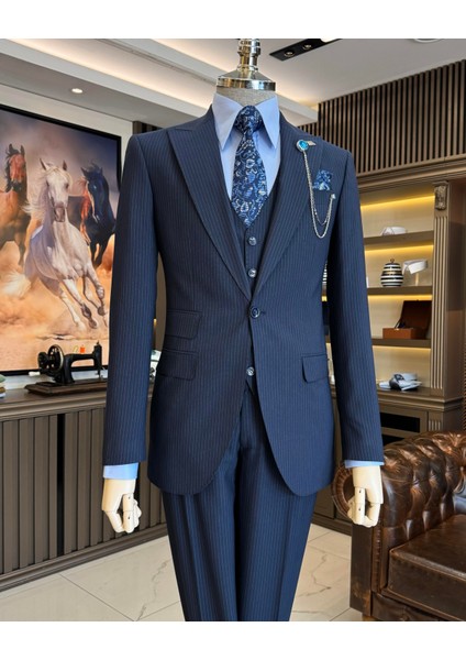 Italyan Stil Slim Fit Çizgili Ceket Yelek Pantolon Takım Elbise Lacivert T11817