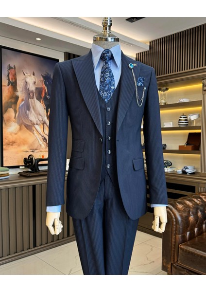 Italyan Stil Slim Fit Çizgili Ceket Yelek Pantolon Takım Elbise Lacivert T11817 indirimleri