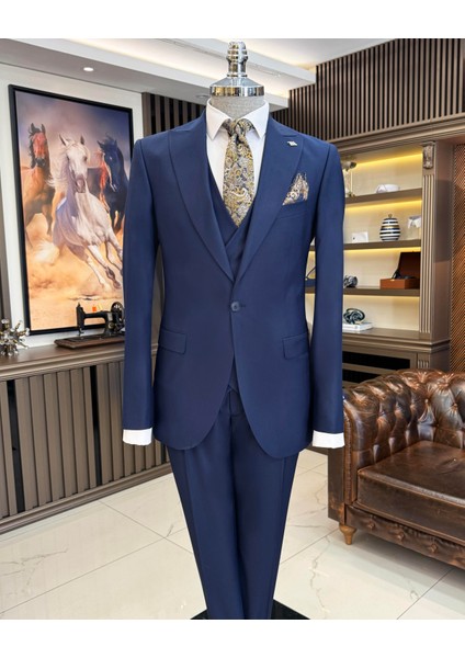 İtalyan stil ceket yelek pantolon takım elbise Lacivert T9932