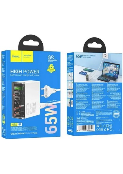 Hoco N36 PD65W Type-C + Usb-A 6 Girişli Masaüstü Şarj Istasyonu