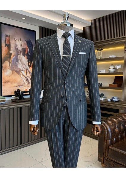 Italyan Stil Slim Fit Çizgili Ceket Pantolon Takım Elbise Antrasit T11932