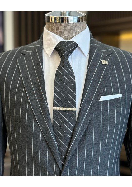 Italyan Stil Slim Fit Çizgili Ceket Pantolon Takım Elbise Antrasit T11932 fiyatları