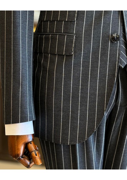 Italyan Stil Slim Fit Çizgili Ceket Pantolon Takım Elbise Antrasit T11932 fırsatları