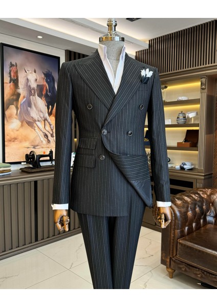 İtalyan stil kruvaze ceket pantolon takım elbise siyah T11912