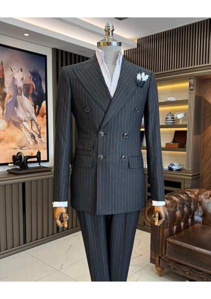 İtalyan stil kruvaze ceket pantolon takım elbise siyah T11912 fırsatları