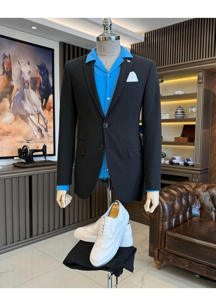 Italyan Stil Slim Fit Çizgili Ceket Beli Bağlamalı Pantolon Takım Elbise Siyah T11814