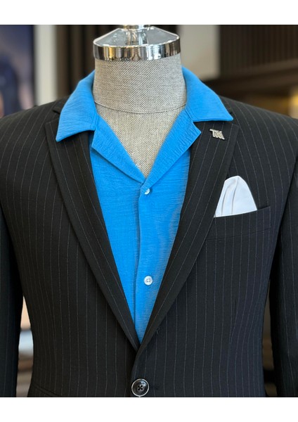 Italyan Stil Slim Fit Çizgili Ceket Beli Bağlamalı Pantolon Takım Elbise Siyah T11814 fiyatları