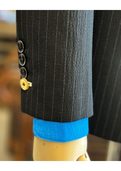 Italyan Stil Slim Fit Çizgili Ceket Beli Bağlamalı Pantolon Takım Elbise Siyah T11814 modelleri