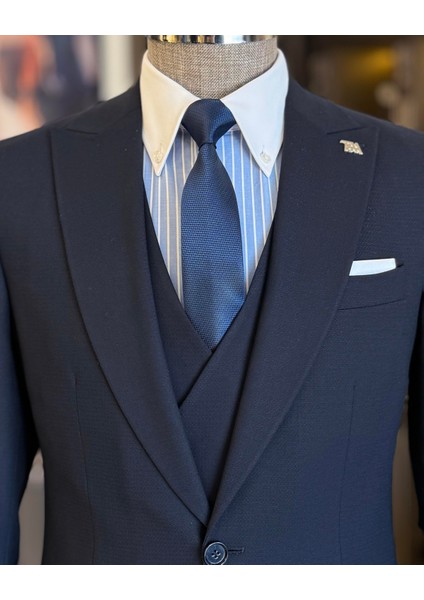 Italyan Stil Slim Fit Erkek Armürlü Ceket Yelek Pantolon Takım Elbise Lacivert T11567 fiyatları