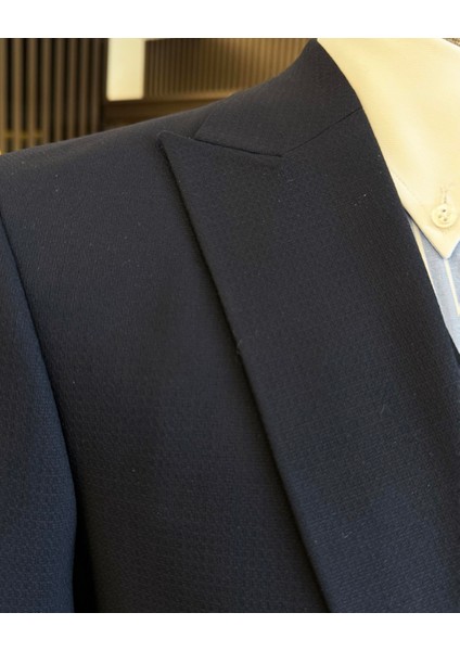 Italyan Stil Slim Fit Erkek Armürlü Ceket Yelek Pantolon Takım Elbise Lacivert T11567 modelleri