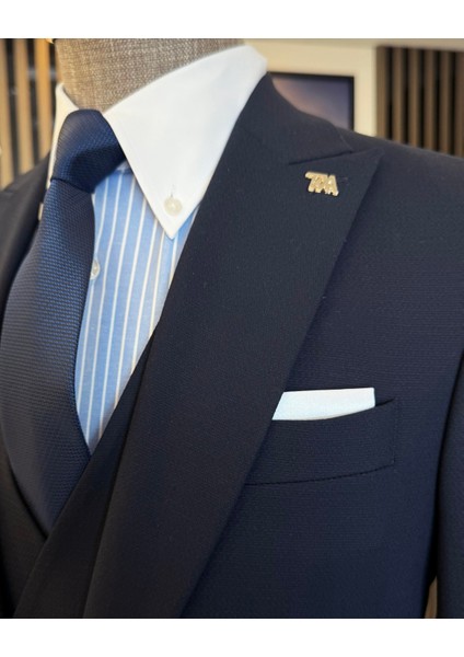 Italyan Stil Slim Fit Erkek Armürlü Ceket Yelek Pantolon Takım Elbise Lacivert T11567 fırsatları