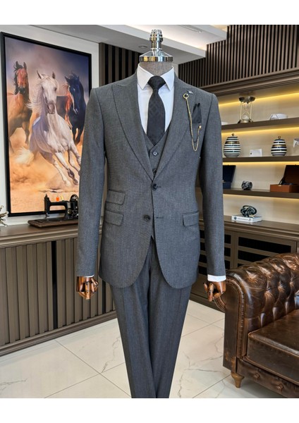 Italyan Stil Slim Fit Ceket Yelek Pantolon Takım Elbise Antrasit T11396