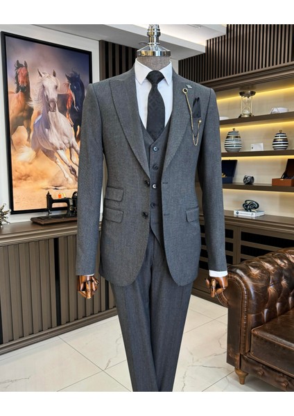 Italyan Stil Slim Fit Ceket Yelek Pantolon Takım Elbise Antrasit T11396