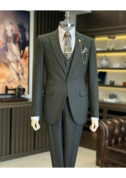 Italyan Stil Slim Fit Armür Desenli Ceket Yelek Pantolon Takım Elbise Yeşil T11488