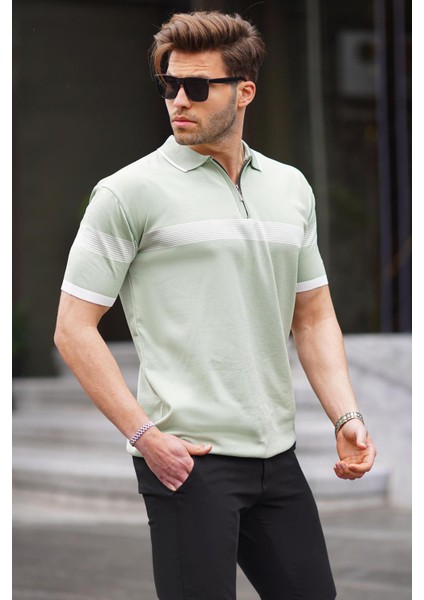 Çağla Yeşili Fermuar Detaylı Polo Yaka Erkek Tişört 6879