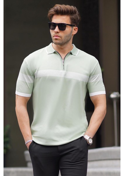 Çağla Yeşili Fermuar Detaylı Polo Yaka Erkek Tişört 6879 fiyatları