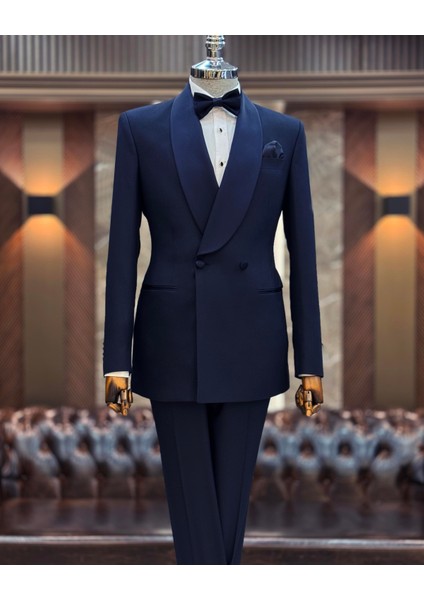 İtalyan kesim slim fit şal yaka kruvaze ceket pantolon damatlık set lacivert T11951