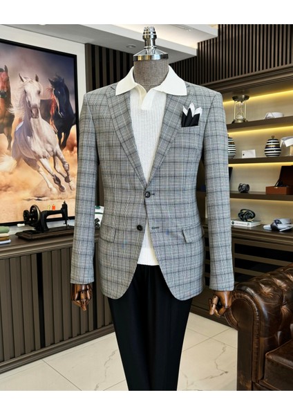 klasik kesim regular fit mono yaka ekose erkek ceket siyah T11523