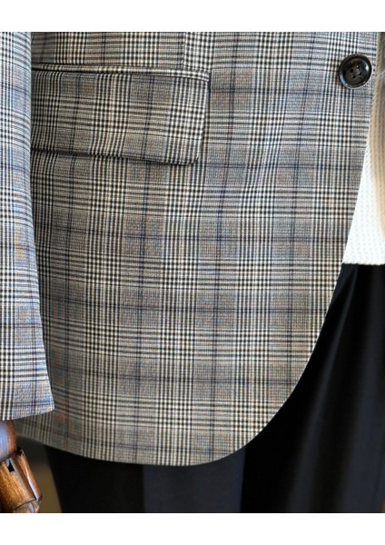 klasik kesim regular fit mono yaka ekose erkek ceket siyah T11523 modelleri