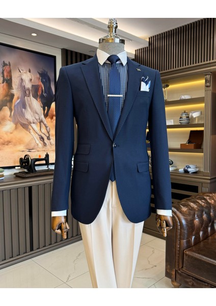 İtalyan stil slim fit mono yaka erkek ceket lacivert T10761