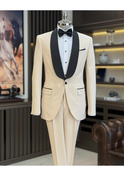 İtalyan kesim slim fit şal yaka ceket pantolon damatlık set bej T11900