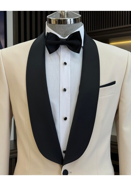 İtalyan kesim slim fit şal yaka ceket pantolon damatlık set bej T11900 fiyatları