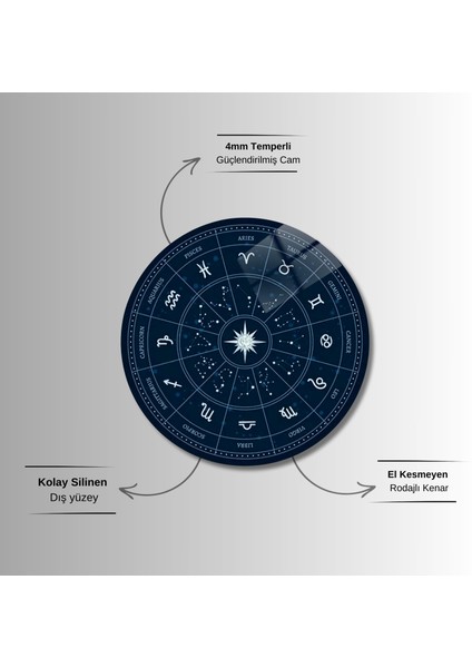Yuvarlak Temperli Gerçek Cam Tablo Astroloji Yıldız Haritası