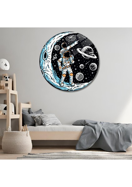 Yuvarlak Temperli Gerçek Cam Tablo Astronot Baba ve Çocuk