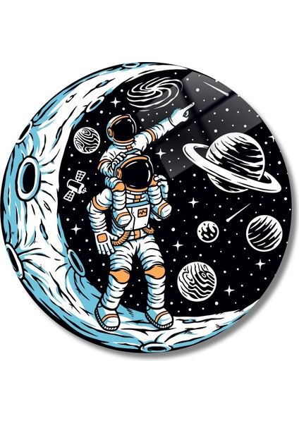 Yuvarlak Temperli Gerçek Cam Tablo Astronot Baba ve Çocuk